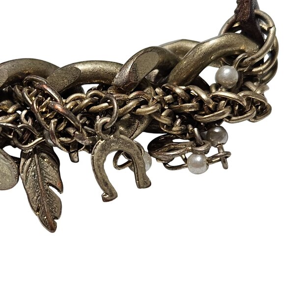 Vintage Leather Brass Chain Link Charm Bracelet Faux Pearls Fashion Jewelry - Picture 2 of 8